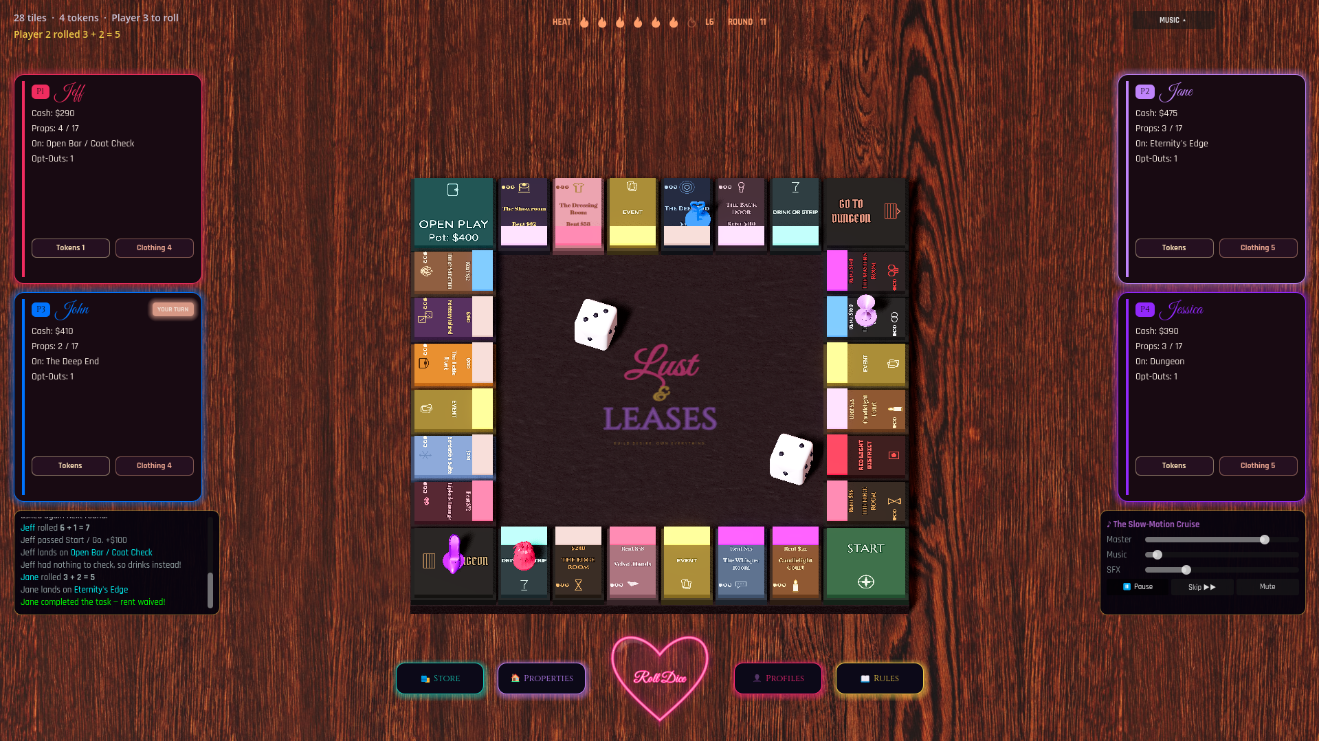 The Lust & Leases 3D board in play